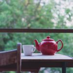 Tea Tumbler Glass - selective focus photo of red ceramic teapot and white ceramic teacup on brown wooden table near tree during daytime