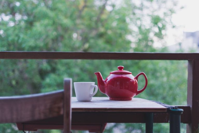 Tea Tumbler Glass - selective focus photo of red ceramic teapot and white ceramic teacup on brown wooden table near tree during daytime