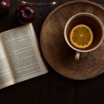 Ginger Tea Slice - top view of open book and cup with lemon inside