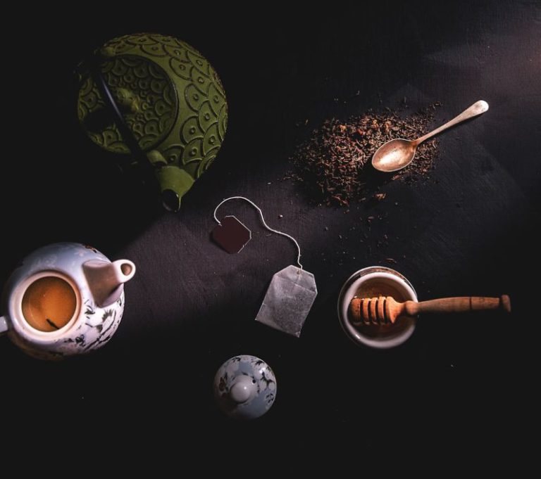 Herbal Tea Spoon - two teapots beside mortar and pestle