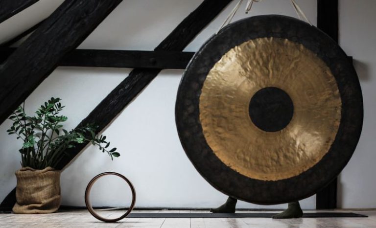 Gong Fu Cha Set - round black and brown gong beside potted green leafed palnt