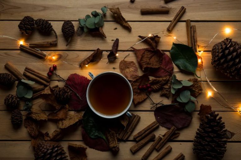 Japanese Tea Room - white ceramic mug ner dried leaves and orange string light