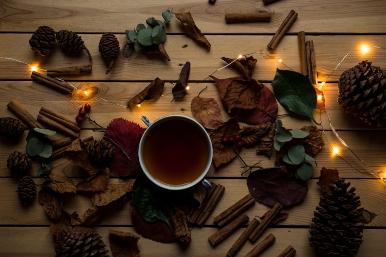 Japanese Tea Room - white ceramic mug ner dried leaves and orange string light