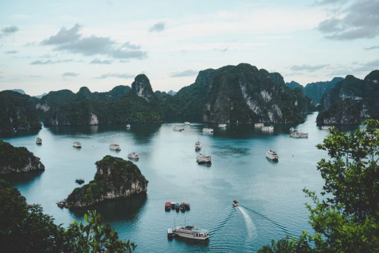Vietnam Tea Farming - high-angle photography of boats on water near hill during daytime